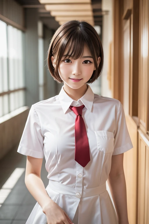 High resolution,RAW Photos,Realistic,Very delicate and beautiful,Very detailed,In detail,Very detailed CG unity 8k wallpaper,Super detailed,(highest quality, 8k, 32k, masterpiece, 超High resolution:1.2), beautiful Japanese girl in JK Uniform,Very beautiful face,Long, narrow eyes,expensive,slim,Small breasts,JK Uniform,White short sleeve shirt,Thin red tie,Upper teeth,A kind smile,Walking through the school corridors,Young Sensual Gravure Idol,Young and skinny gravure idol,A young and cute gravure idol,Young Gravure Idol,realistic Young Gravure Idol,Japanese Model,A sophisticated gravure idol,short hair,bangs、undressing、changing clothes
