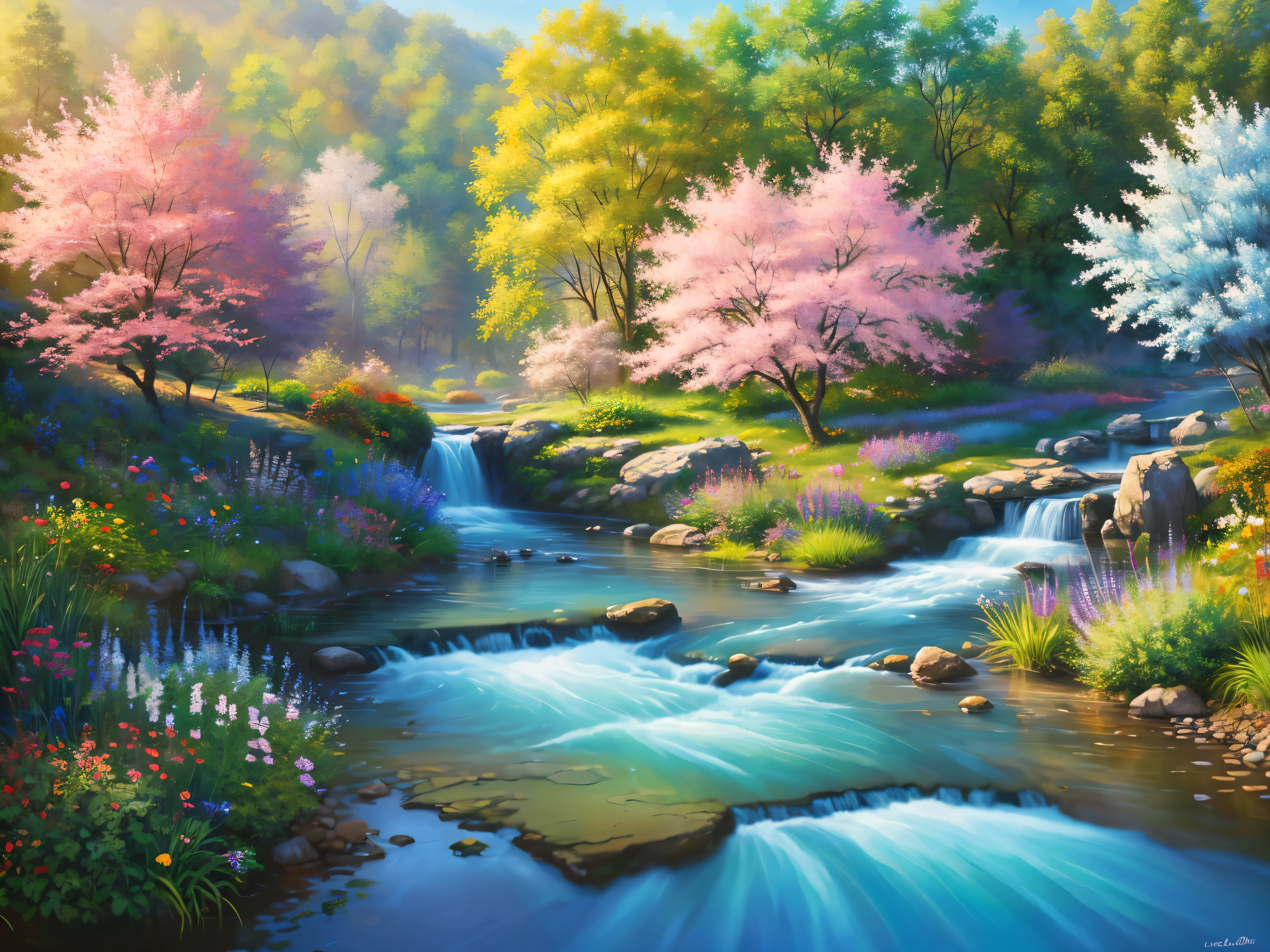 (High resolution:1.1), highest quality, (masterpiece:1.2), Bright colors, digital painting, dense forest, water, beauty of nature, An oasis of peace, Cherry tree, blue sky