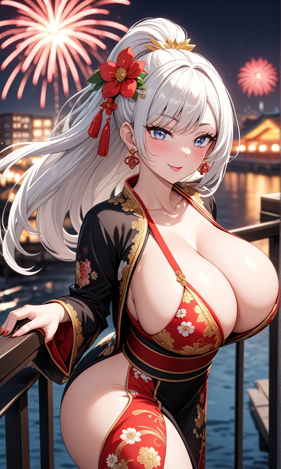 ((one personの女性)), Beautiful Face,Expressions of embarrassment and kindness,Laugh shyly,((Wink:2.0)),turn bright red,Glossy pink lips,night,firework, ((Anime style background)),masterpiece, highest quality, so beautiful, up to date, Complex details, (Pink long nails),AI-generated, Complex,High resolution, highest quality, super high quality,3D Images、View your audience、3D Images,one person,Long white hair,High Ponytail,blue eyes,Anime woman posing for a photo, [[fine grain、Colorful eyes、Shining Eyes:1.15]],(Squint your eyes:1.1),a hyperRealistic , hyperRealistic , Realistic,Long haired white haired anime woman, Smooth anime CG art, A woman in a colorful kimono with gold embroidery, (Black kimono),Red floral pattern,Long flower hair ornament,Big earrings,(Big Breasts:1.4),Mature Body,expensive,Big Ass,Fine details,Tight waist,Abdominal muscles,Place your hands on the railing,Shooting from behind