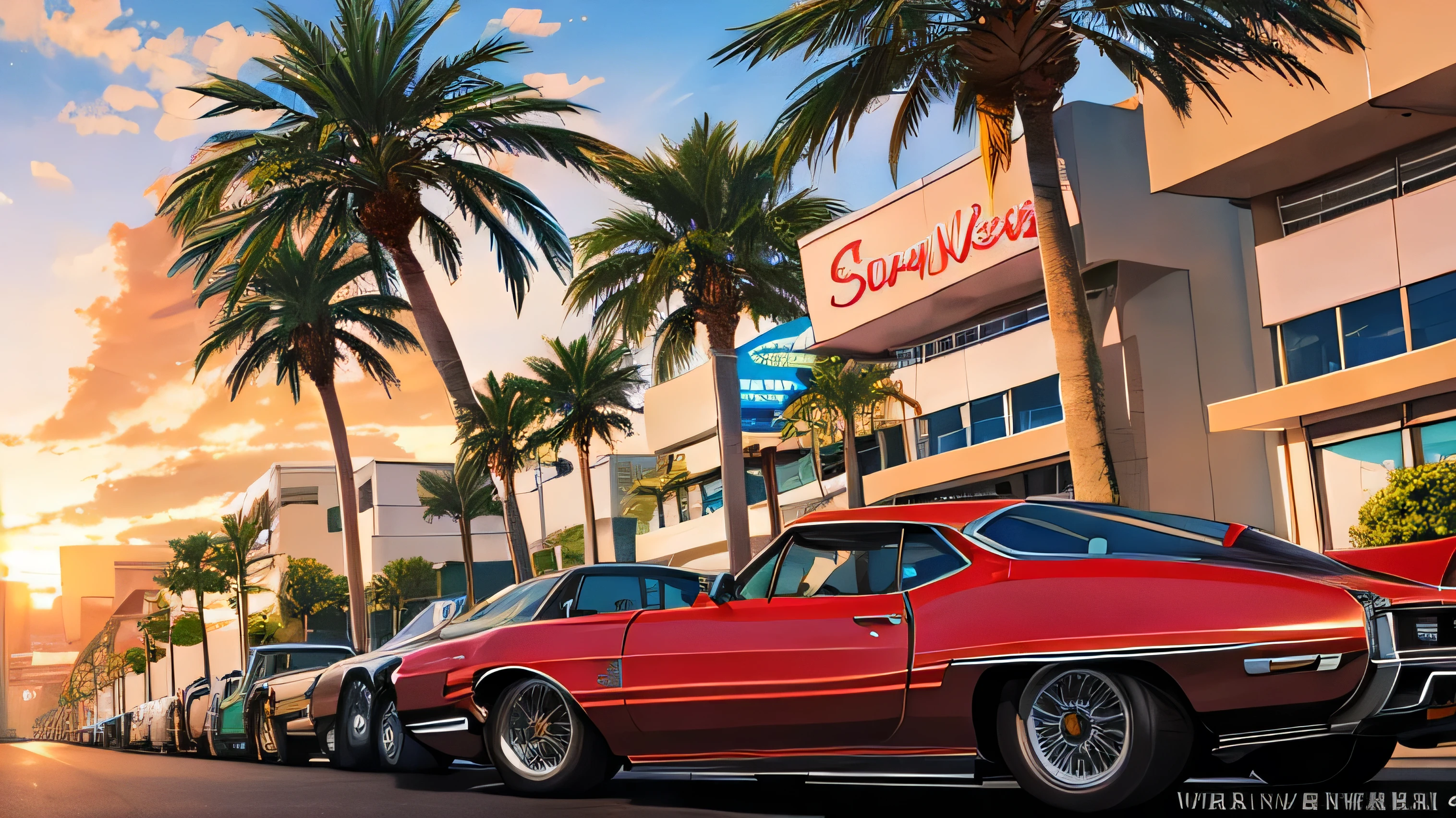 America,West Coast,Palm Palm,Santa monica,Cafe,American cars from the 70s,sunset