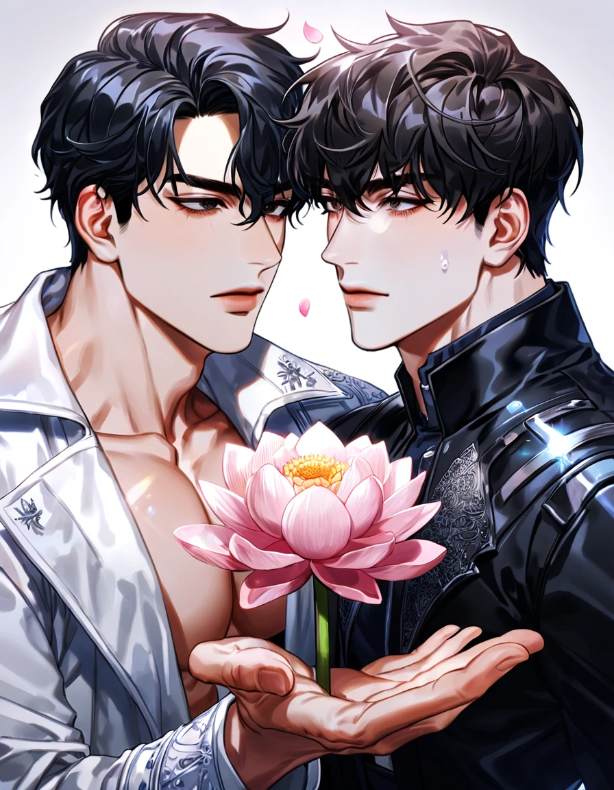 absurdres, highres, ultra detailed, HDR) master piece, best quality, Kim Dokja, black straight hair, with bangs, short hair, expressive brown eyes, white coat, omniscient reader's viewpoint, Yoo Joonghyuk, black hair, expressive gray eyes, black coat, two sexy men together, yaoi, gay couple, handsome, toned chest, magical fantasy, pink butterflies, glittering, sparkling, pink lotus, petals, radiant, water
