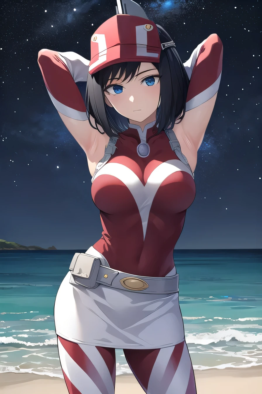 kodaiyui, visor cap, red and white bodysuit, long sleeves, belt, white skirt, looking at viewer, emotionless, showing armpit, looking at viewer, solo, contrapposto, spread armpit, arms behind head, smile, looking at viewer, (cowboy shot:1.5), closed mouth, night sky, beach, best quality, expressionless, anime, anime coloring,