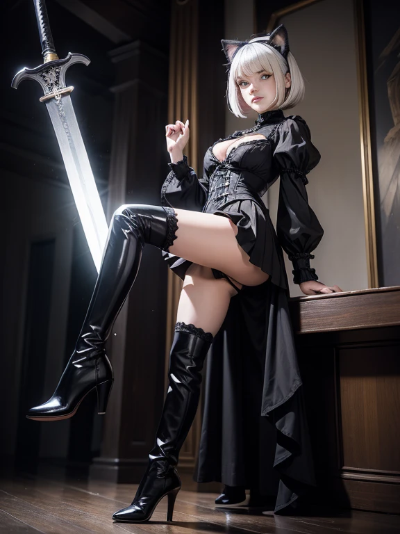 8K,最高masterpiece,One woman,Smile,30 years old,blue eyes,White Hair,Short Bob Hair,(Gothic ta),Dutch beauty,Ella Freya(Ella Freya),2b, One girl, alone, short hair, Knee socks, gloves, Long sleeve, dress, Holding,Slender figure, Cleavage, Small breasts, arms, Gray Hair, hair band, boots, Puffy sleeves, sword, black Knee socks, Black footwear, Holding arms, Mole, black dress, High heels, leotard, Clothing cutouts, thigh boots, Holding sword, Cleavage cutout, knife, black hair band, Juliet Sleeve, Mole under mouth, In-person audience, high heel boots, Feather ornament sleeves, masterpiece,Dynamic Angle,skirt lift,Panty Shot,Cat ear,Dynamic Pose