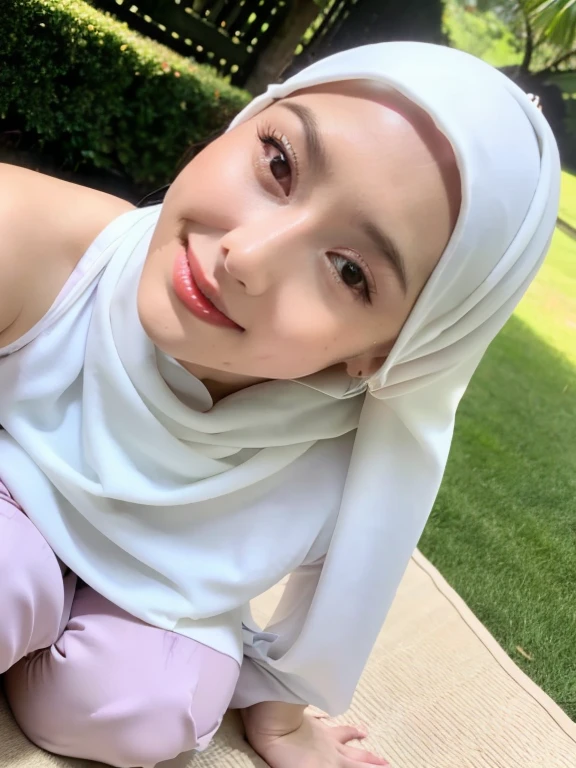 ((best quality)), ((masterpiece)), 2 girl, perfect face, indonesia, white hijab, white skin. sharp nose, smile, half body, garden, selfie, Undressing nude breasts and vagina, leaning in the mat, her hand in the knee. Horny face.
