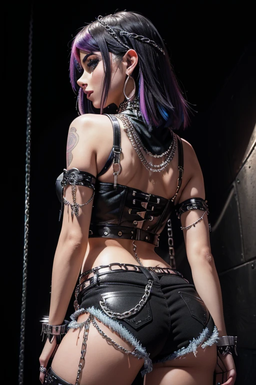 Hyper realistic super detailed sexy young gothic girl , expressions faciales sexy, seductive facial expressions, full body, dynamic pose, back view [:(Face detail: 1.4): 0.4], 16K resolution, 4k resolution, (Ventre plat parfait), (image couleur),
edgpshorts, a woman in a black top and shorts  with chains on her waist , wearing edgpshorts
 