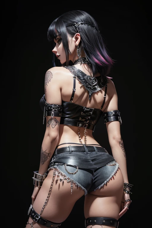 Hyper realistic super detailed sexy young gothic girl , expressions faciales sexy, seductive facial expressions, full body, dynamic pose, back view [:(Face detail: 1.4): 0.4], 16K resolution, 4k resolution, (Ventre plat parfait), (image couleur),
edgpshorts, a woman in a black top and shorts  with chains on her waist , wearing edgpshorts
 