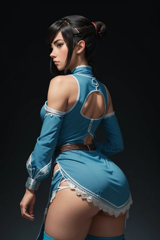 ((TOTALLY ALONE)), Korra (Avatar The Last Airbender), (always repeats the same face), (always repeats the same appearance), (always repeats the same proportions), (always repeats the same clothes), looking to the camera, completely alone, always shown full body, ogastigo appearance, naughty, charming, making a charm, beautiful, wearing a very short sexy dress with fine lace, diagonal rear view, ass view, round ass, huge ass