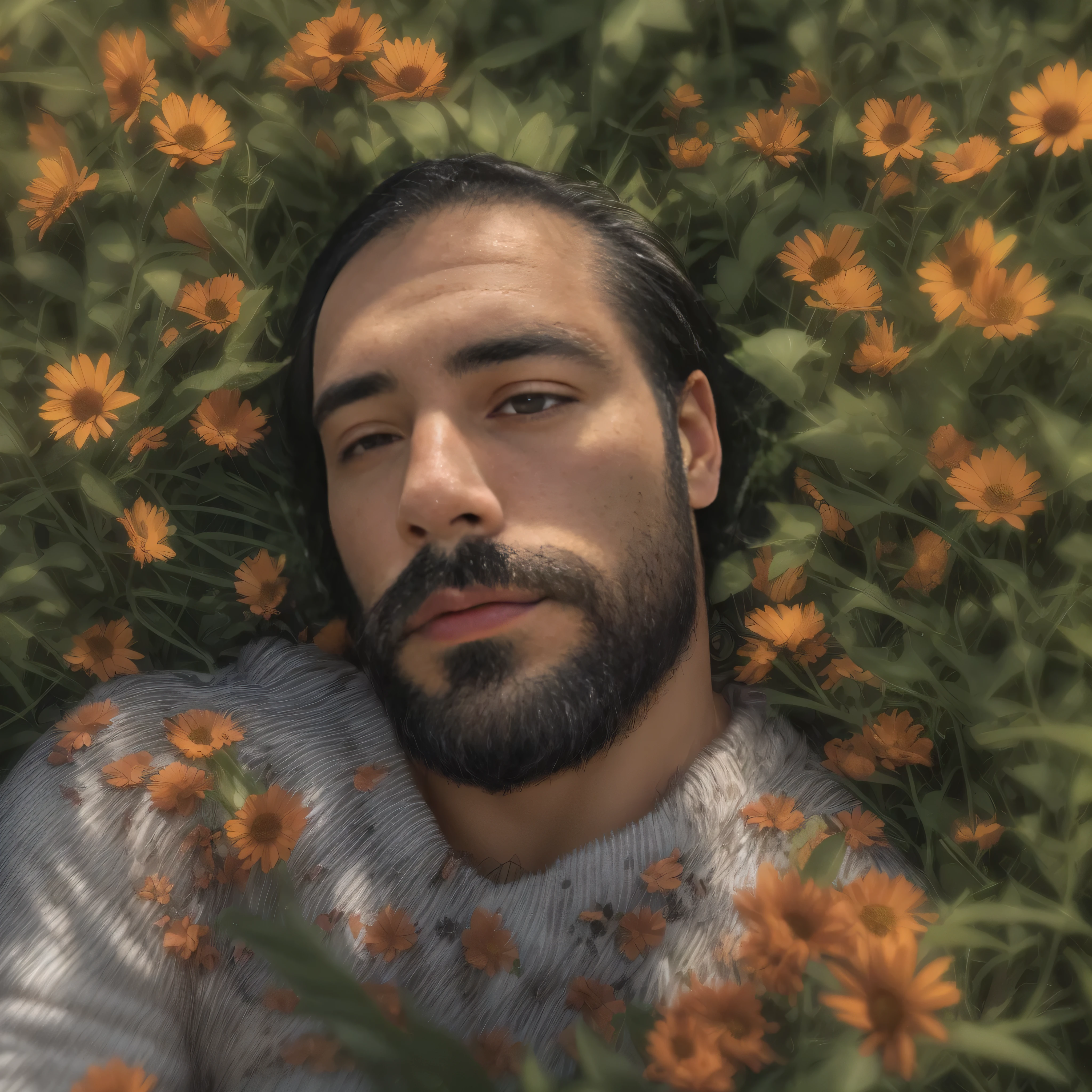 Create an image of a 38-year-old man with a beard, lying down, with the camera angle from above, focusing on his upper body in a medium shot. The scene should resemble a dramatic movie scene. The man has a well-groomed, medium-length beard, and lightly tanned skin with a slightly rugged texture. He is wearing casual, slightly worn-out jeans, and his chest is exposed, showing a muscular but natural build. He has dark, slightly tousled hair.

The setting is an open field of wildflowers during the golden hour, with warm, soft sunlight casting a gentle glow on the scene. The man is lying on his back on a blanket, surrounded by colorful flowers of various types, creating a contrast with his jeans. The background should be slightly blurred to emphasize the man as the focal point, but still hint at the vastness of the field and the natural beauty of the surroundings.

The overall mood should be serene and introspective, capturing a moment of peaceful solitude. Ensure the image quality is high, with detailed textures on the man's skin, the fabric of his jeans, and the petals of the flowers around him.