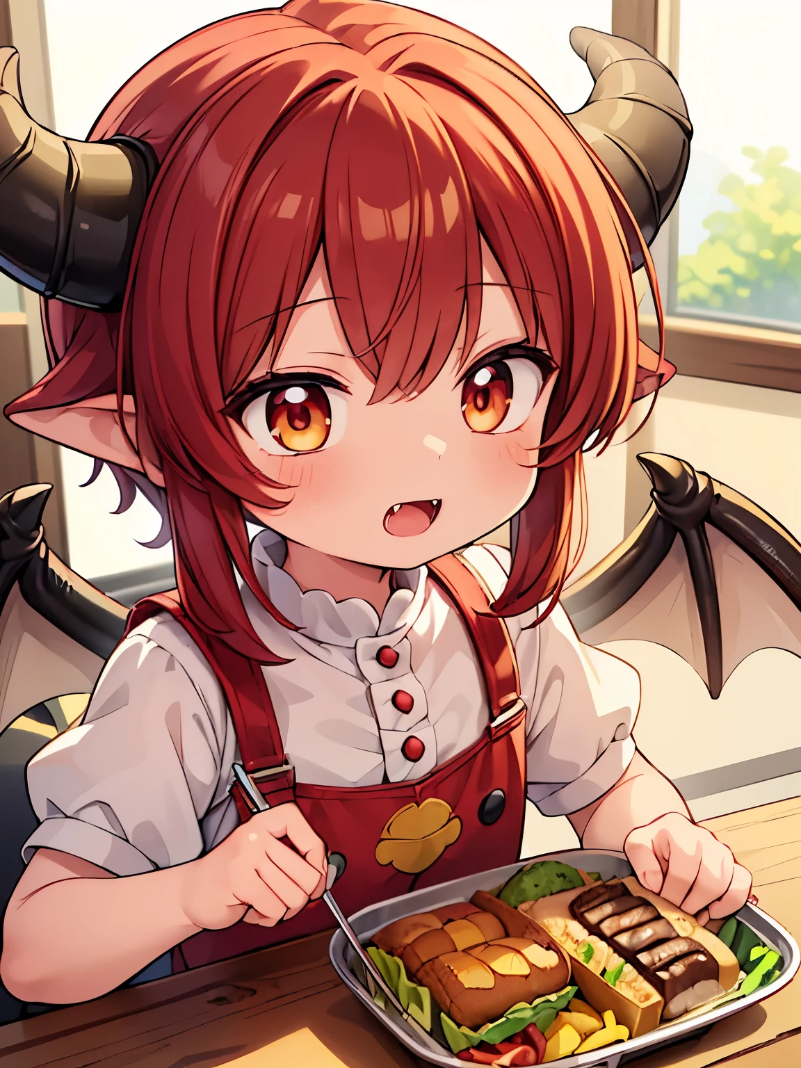 (((masterpiece))), (((best quality))), ((ultra-detailed)), anime style, Little dragon girl, dragon horn, dragon little wings, fangs, joy, ((???’s meal,???’s lunch,children’s meal)), 