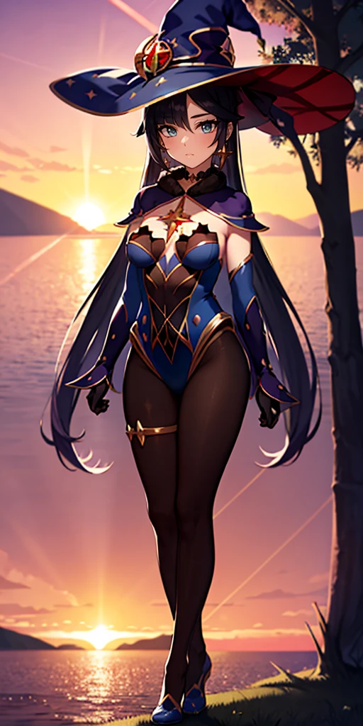 masterpiece, best quality, highres, wallpaper, 4k extremely detailed, Gimona, holding different poses, witch hat, bodystocking, full body, choker, headband, earring, looking at viewer, glow, lens flare, rays of light, flash, ocean, horizon, sunset with trees and lakes in the background