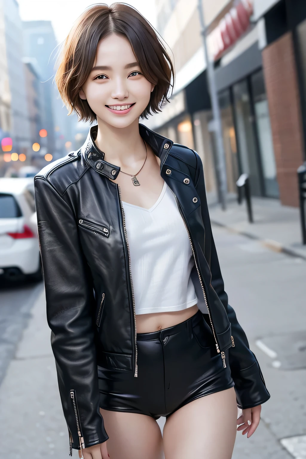 205 ((short hair)), 20-year-old female, In underwear、Leather jacket with sleeves unworn、Wear a jacket over your shoulders、smile、Beautiful teeth alignment、、Black Hair、ear piercing、Necklace around the neck、Looking into the camera, The background is the city