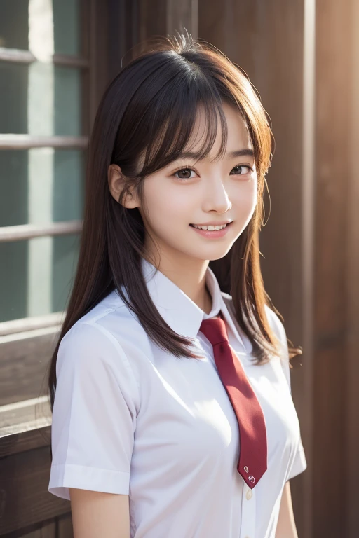 High resolution,RAW Photos,Realistic,Very delicate and beautiful,Very detailed,In detail,Very detailed CG unity 8k wallpaper,Super detailed,(highest quality, 8k, 32k, masterpiece, 超High resolution:1.2), beautiful Japanese girl in JK Uniform,Very beautiful face,Long, narrow eyes,expensive,slim,Small breasts,JK Uniform,White short sleeve shirt,Thin red tie,Upper teeth,A kind smile,Children's room,Young Sensual Gravure Idol,Young and skinny gravure idol,A young and cute gravure idol,Young Gravure Idol,realistic Young Gravure Idol,Japanese Model,A sophisticated gravure idol,short hair,bangs、undressing、changing clothes、Navy blue pleated skirt、mini skirt