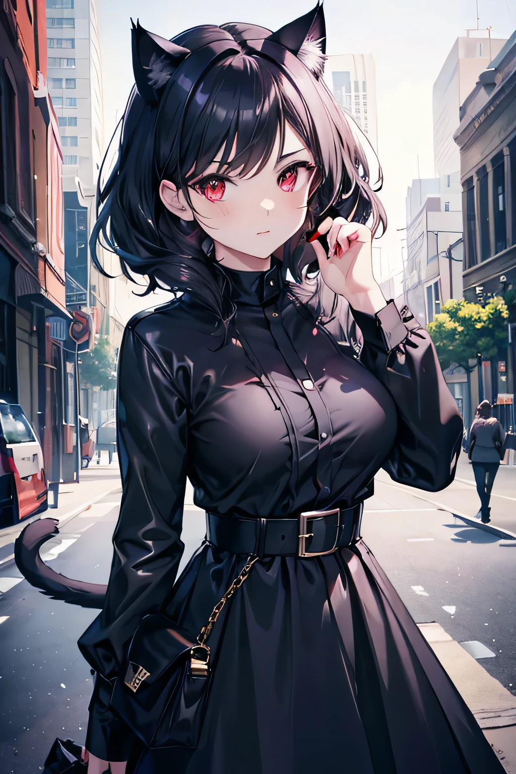 (Catwoman),, Cat ears, Black Hair, Skirt， beautiful red eyes, Cat&#39;s Tail, ((Crimson eyes: 1.3, Eyes turned upward: 1, Perfect eyes, Beautiful and delicate eyes, gradient eyes: 1, Delicate and beautiful eyes: 1, Symmetrical eyes: 1, There is a big bright spot on the eye: 1.2)), (((skin shiny: 1.5, Bright skin: 1.5, skin expo, shiny skin, Shiny body, Exaggerated shiny skin, Skin glow))), (Detailed body, (Delicate face)), (((skirt))), high resolution, Clear focus, Super detailed, Very detailed, Very high quality artwork, (Practical, Reality: 1.37), 8K_wallpaper, (Very detailed CG 8K), (Very exquisite 8K CG), ((Hyper Super Super detailed Perfect Piece)), (((Perfect masterpiece))), illustration, Vibrant colors, (Wheels within wheels), High contrast, Selective lighting, double exposure, HDR (High Dynamic Range), Post-Processing, Background blur，，full-body shot，front，For the audience，in the garden，Standing in a beautiful garden