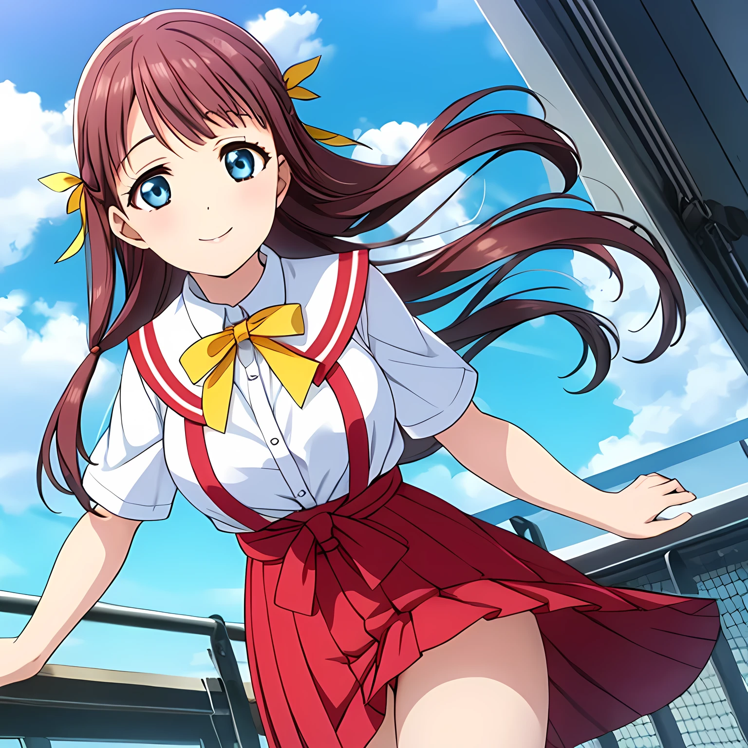 (highest quality, masterpiece:1.2), highest quality, High resolution, 1080p, 8K, CG of the heroine of a beautiful girl game, Height: 158cm, １４A year-old Japanese fashion model falls from the sky with a cute and elegant smile, A face as elegant as a princess, Glossy lips, Even bangs, Double, Long eyelashes, Big Blue Eyes, The very large and thick yellow ribbon bowtie is very cute., Beautiful, shiny red long hair, A neat red pleated skirt that reaches down to the knees, ((A pink sailor suit with a red collar)), Ribbon in hair, Thick calves, Tight waist, The navy blue pleated skirt falls down, Approaching the viewer with open arms, Shooting from below