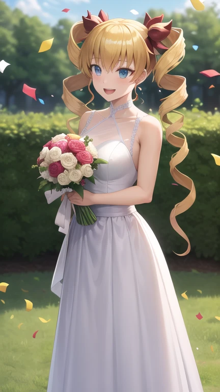 masterpiece, best quality, highres, aaharvey, long hair, twintails, twin drills, hair ribbon, wedding dress, standing, garden, confetti, holding bouquet, smile, open mouth,