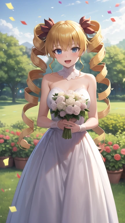 masterpiece, best quality, highres, aaharvey, long hair, twintails, twin drills, hair ribbon, wedding dress, standing, garden, confetti, holding bouquet, smile, open mouth,