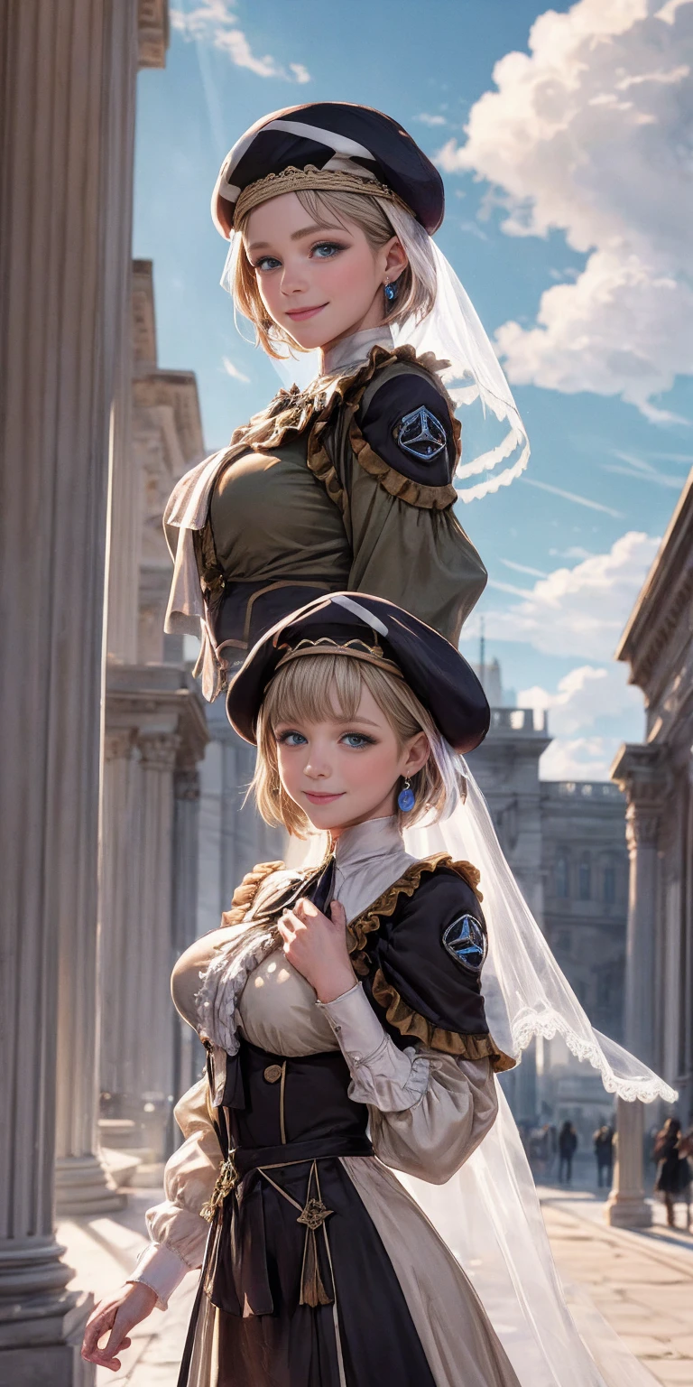 masterpiece, best quality, war, Mercedes, beret, veil, see-through, short hair, blue ascot, long frilled dress, large breasts, looking at viewer, smile, hand on own arm, outdoors, clouds, marble architecture, sky