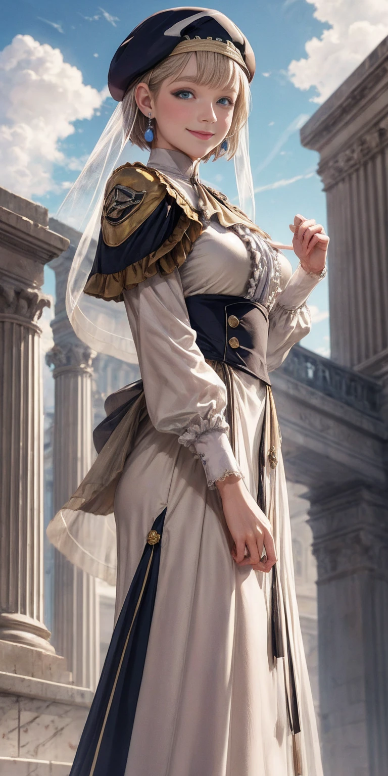masterpiece, best quality, war, Mercedes, beret, veil, see-through, short hair, blue ascot, long frilled dress, large breasts, looking at viewer, smile, hand on own arm, outdoors, clouds, marble architecture, sky