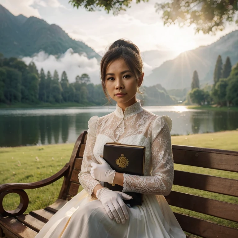 wide shot photography of a 50 year old Indonesian mother, hair in a bun, wearing a white dress, white gloves, looking so elegant and charming, sitting gracefully on a park bench while holding a gold Bible, beautiful grassy garden background in the high mountains nearby lake,cinematic lighting as the sun rises behind the trees,realistic,4k
