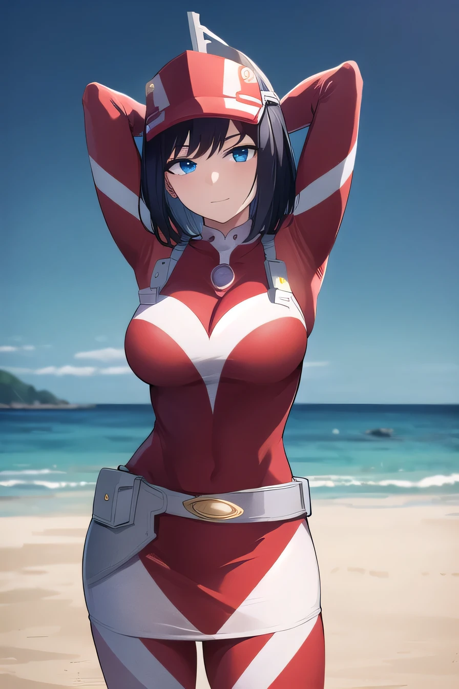 kodaiyui, visor cap, red and white bodysuit, long sleeves, belt, white skirt, looking at viewer, emotionless, showing armpit, looking at viewer, solo, contrapposto, spread armpit, arms behind head, smile, looking at viewer, (cowboy shot:1.5), closed mouth, night sky, beach, best quality,