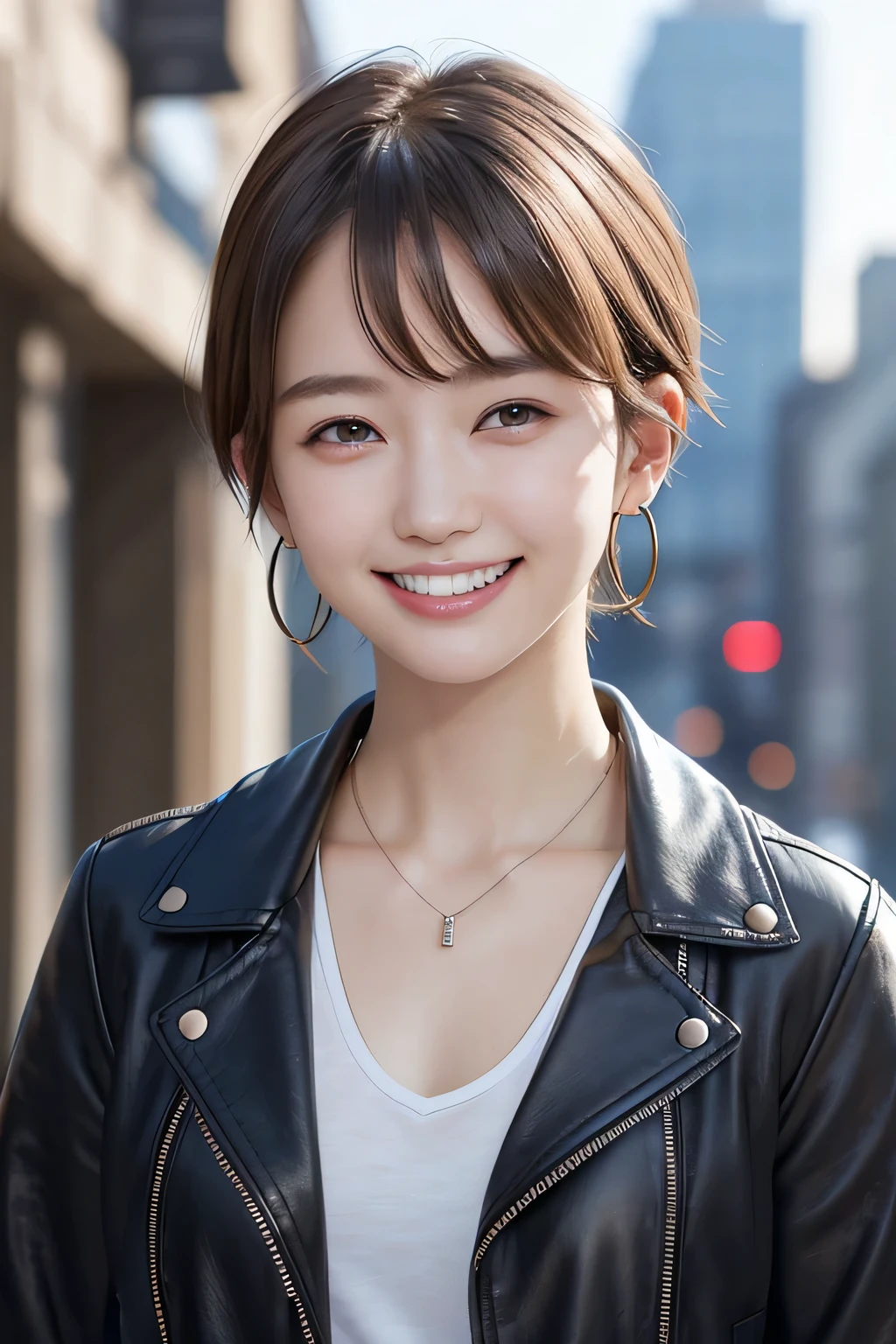 205 ((short hair)), 20-year-old female, In underwear、Leather jacket with sleeves unworn、Wear a jacket over your shoulders、smile、Beautiful teeth alignment、、Black Hair、ear piercing、Necklace around the neck、Looking into the camera, The background is the city