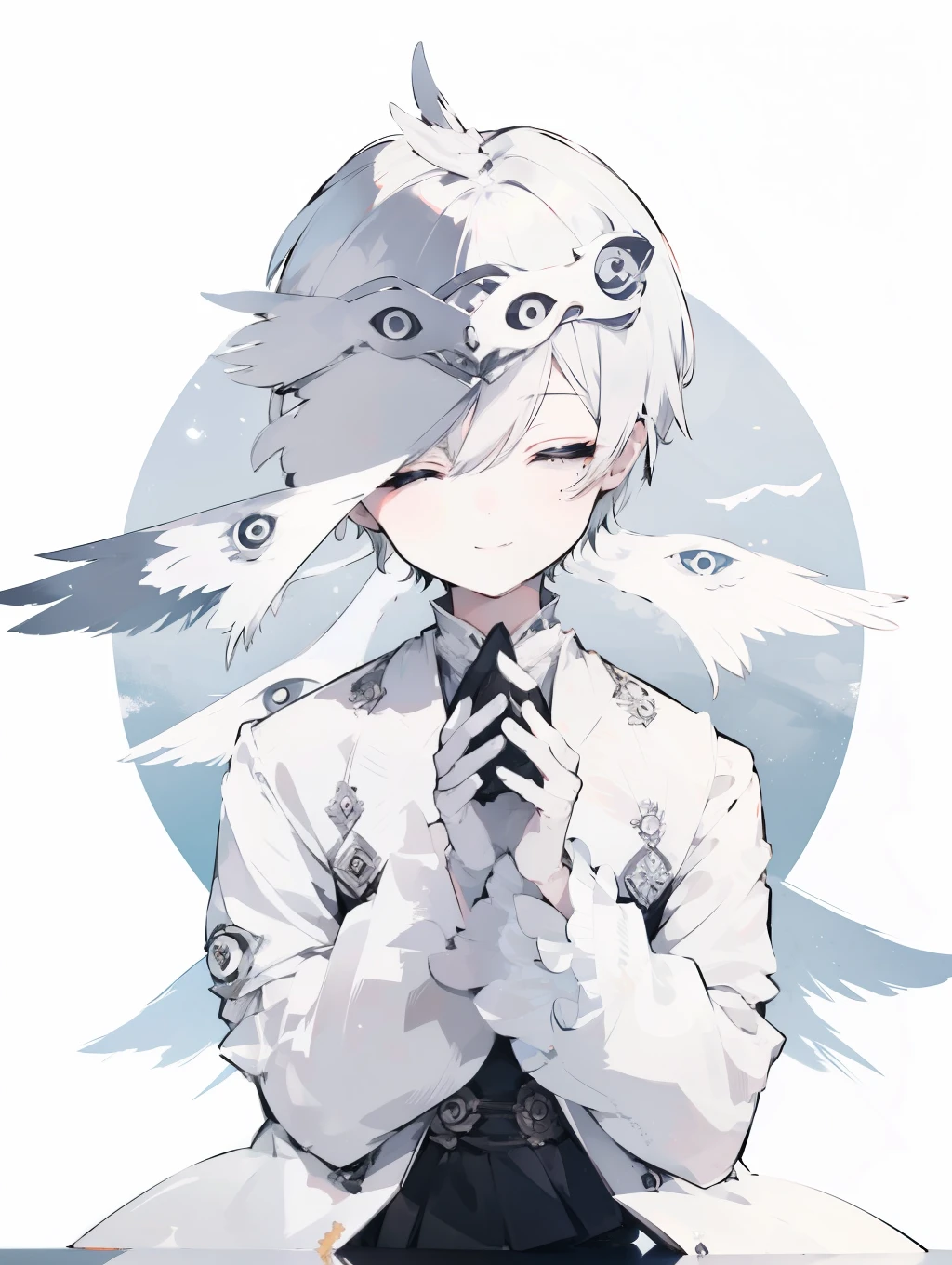 1 boy、highest quality, Tabletop, Beautiful Face (White suit) Silver Hair、short hair、smile、(close your eyes) smile、Moon Background、b1bl1c4l mask, Many wings, Many Eyes, Upper Body, Spooky