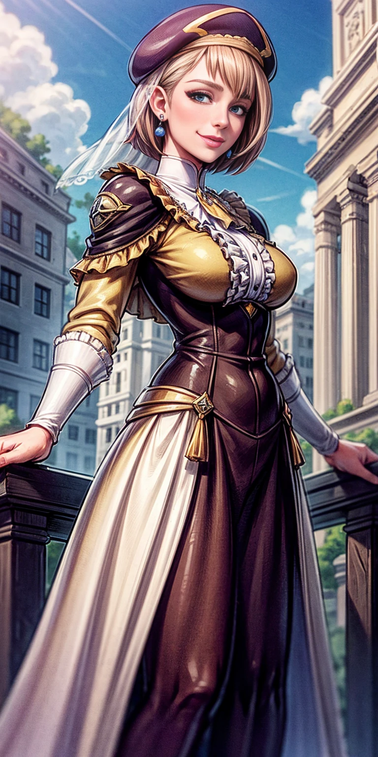 masterpiece, best quality, war, Mercedes, beret, veil, see-through, short hair, blue ascot, long frilled dress, large breasts, looking at viewer, smile, hand on own arm, outdoors, clouds, marble architecture, sky