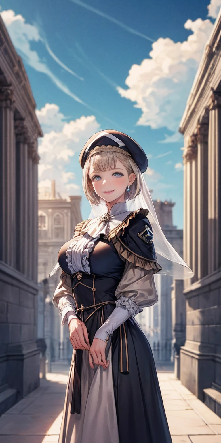 masterpiece, best quality, war, Mercedes, beret, veil, see-through, short hair, blue ascot, long frilled dress, large breasts, looking at viewer, smile, hand on own arm, outdoors, clouds, marble architecture, sky