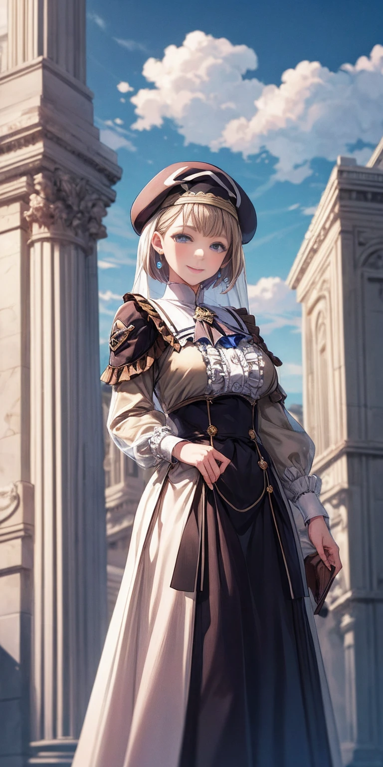 masterpiece, best quality, war, Mercedes, beret, veil, see-through, short hair, blue ascot, long frilled dress, large breasts, looking at viewer, smile, hand on own arm, outdoors, clouds, marble architecture, sky