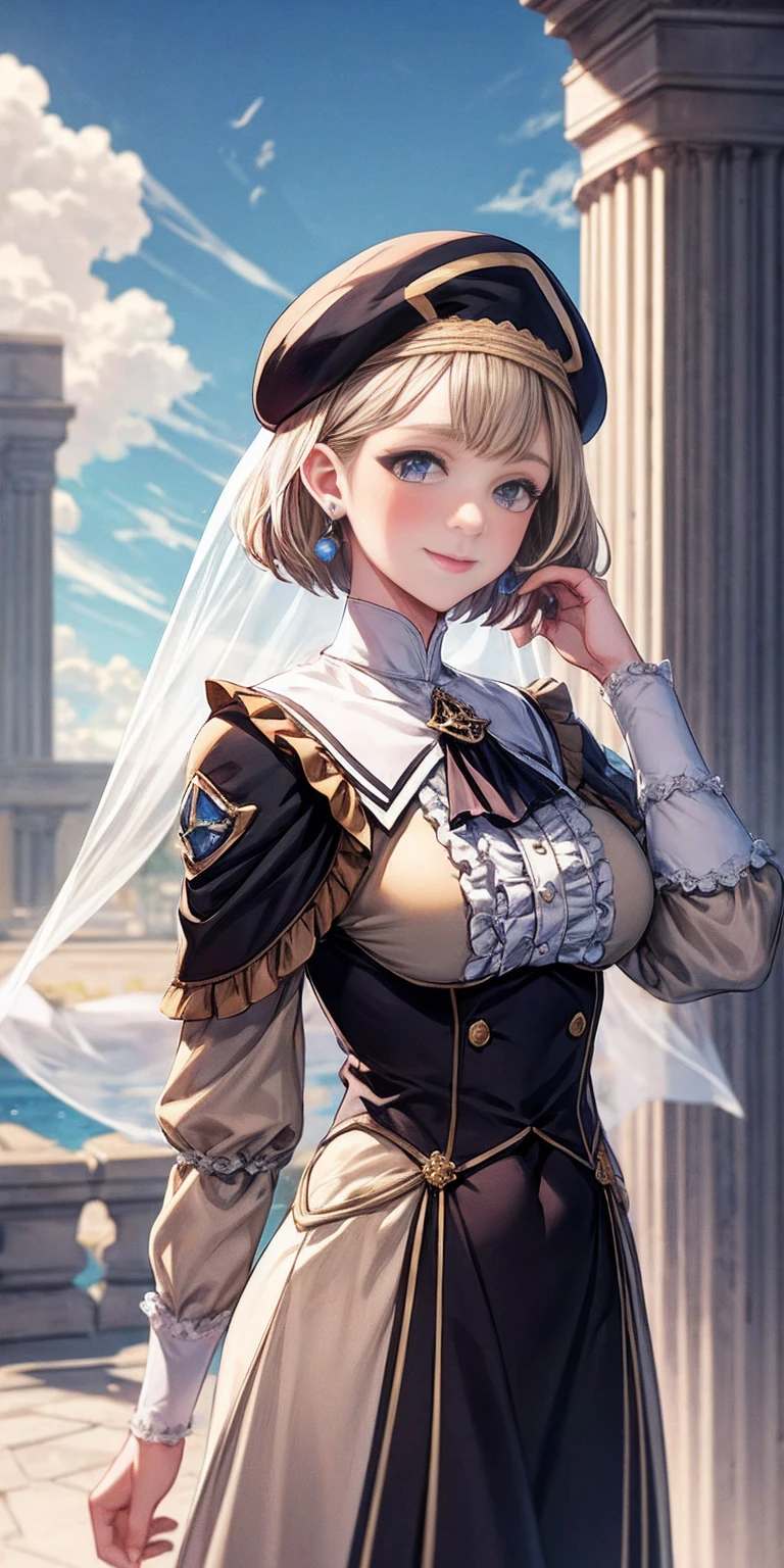 masterpiece, best quality, war, Mercedes, beret, veil, see-through, short hair, blue ascot, long frilled dress, large breasts, looking at viewer, smile, hand on own arm, outdoors, clouds, marble architecture, sky