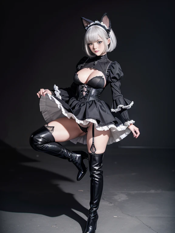 8K,最高masterpiece,One woman,Smile,30 years old,blue eyes,White Hair,Short Bob Hair,(Gothic ta),Dutch beauty,Ella Freya（Ella Freya),2b, One girl, alone, short hair, Knee socks, gloves, Long sleeve, dress, Holding,Slender figure, Cleavage, Small breasts, Gray Hair, hair band, boots, Puffy sleeves, black Knee socks, Black footwear, Mole, black dress, High heels, leotard, Clothing cutouts, thigh boots, Cleavage cutout,  black hair band, Juliet Sleeve, high heel boots, Feather ornament sleeves, masterpiece,Dynamic Angle,skirt lift,Panty Shot,Cat ear,Dynamic Pose