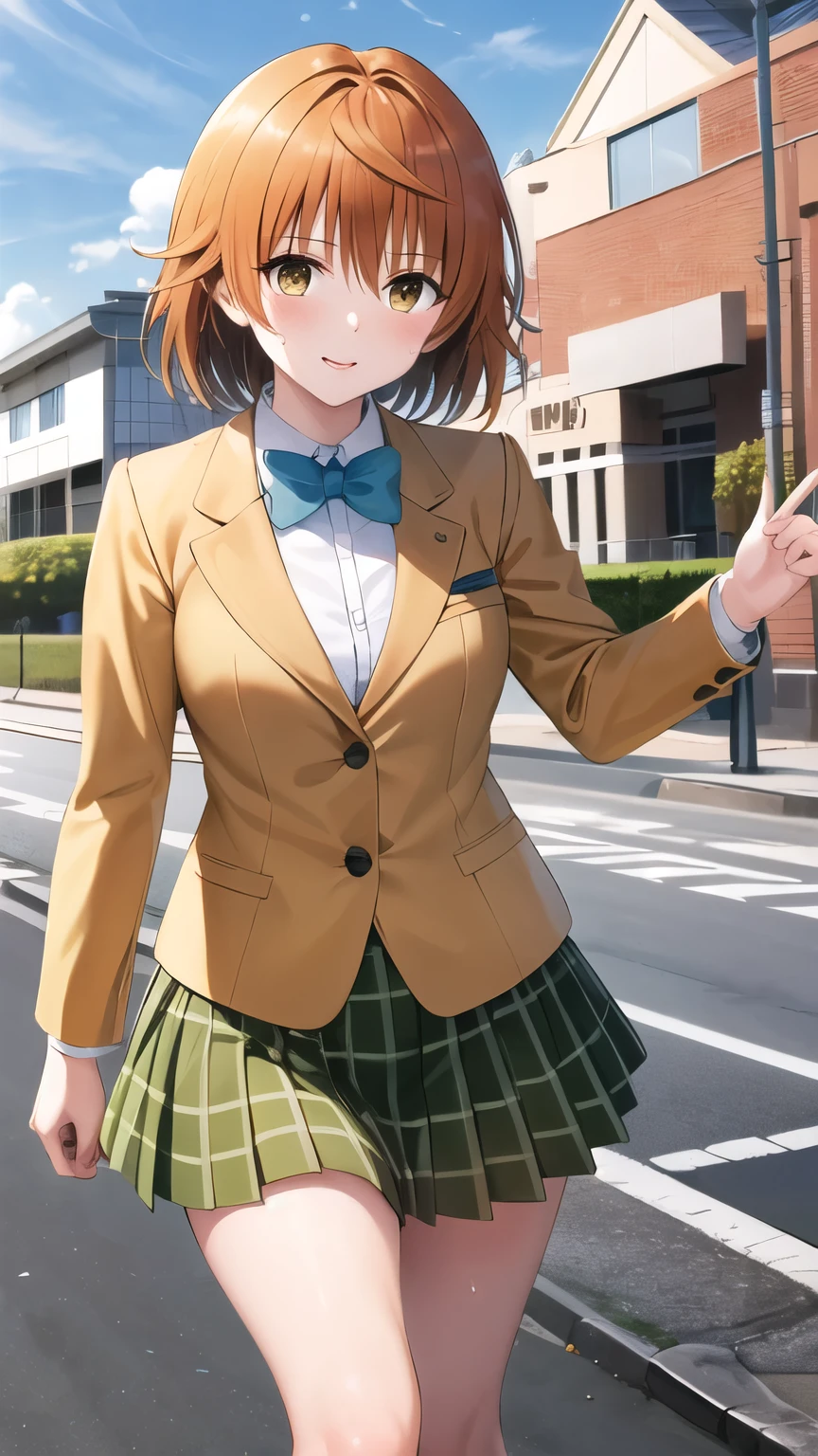 masterpiece, best quality, highres, Yuusaki Riko, short hair, brown eyes, , blue bowtie, blazer, yellow jacket, long sleeves, plaid skirt, green skirt, running, sweat, outdoors, road,