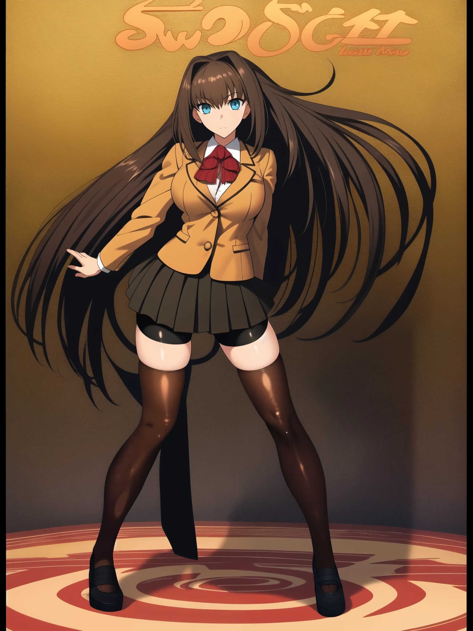 BREAK, blank background, white background, (EMPTY BACKGROUND), BREAK (masterpiece:1.2), best quality, high resolution, 8k, illustration, (beautiful detailed eyes:1.6), extremely detailed face, extremely detailed, CG, perfect hands, perfect anatomy, (((1girl))), (((solo))), (((bbaoko))), (((2 legs max:1.7))), (((2 feet max:1.6))), ((swirling longest brown hair:1.5)), (brown longest hair with slightly reddish undertone:1.6), (lush luscious longest brown hair:1.6), (very long voluminous longest brown hair:1.5), serious, blue eyes, red bowtie, (Form-fitting beige blazer:1.5), brown jacket, (highly detailed beautiful face:1.2), (white shirt:1), (well shaped large breasts:1.6), (nice hips:1), (((Umber pleated thigh-high skirt:1.6))), (((black bike shorts:1.4))), (2 nice visible thighs:1.6), (symmetrical thigh-high black colored stockings:1.6), (strap shoes brown color), (facing front:1.5), ((standing straight:1.5)), ((Fullbody in frame:1.6)), ((Full body:1.5))
