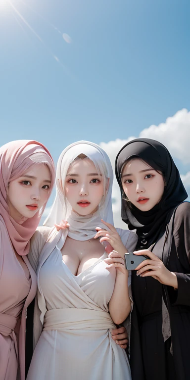 masutepiece, NSFW, Best Quality, Illustration, Highly detailed, fine detail, high resolution, 8K Wallpaper, Perfect dynamic composition, Many people in hijab, many people's hijab,nude body (three girls in hijab taking front camera photo), many people, Detail of beautiful eyes, Natural Lips , Smiling lips,(Lips laughed lightly), Hand details, (perfect fingers, no defects), Wearing a Muslim hijab, close-up photo, (three girls wearing hijabs taking photos holding the front camera), lots of people wearing hijabs, girls taking photos, showing your big breasts, people wearing hijabs, all the girls holding front cameras,showing nude breasts and little nipples. Cowboys shot