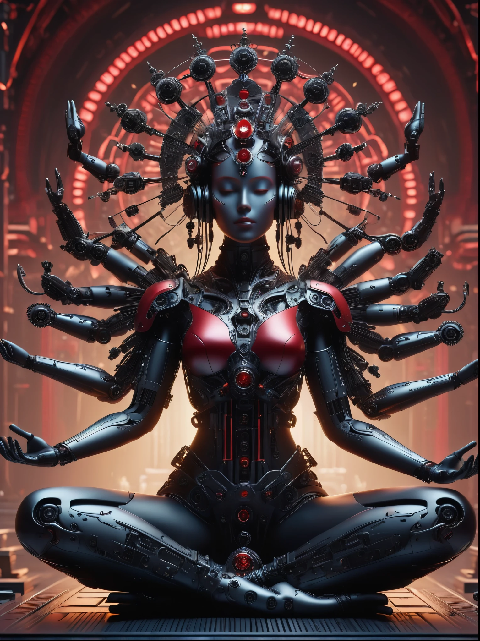 (Vision:1.3), (Full body shot:1.5), 1 red cyberpunk mechanical girl, many hands, Meditating, Sit cross-legged, Do meditation poses, Wearing an ornate headdress made of black metal parts, Precision mechanical body, Ultra-fine electronic components, Temple Background, light, musical note hair ornament, Surrealism, blind box toy style, Futurism, Conceptual art, Luminism, god rays, symmetry, first-person view, Ultra-Wide Angle, UHD, anatomically correct, accurate, masterpiece, award winning, 8k