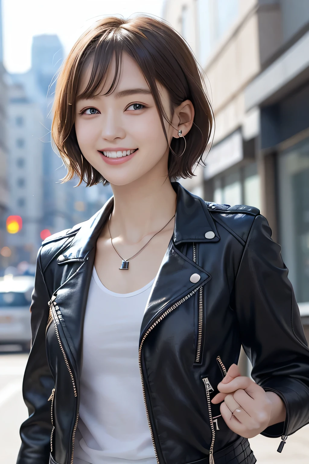 205 ((short hair)), 20-year-old female, In underwear、Leather jacket with sleeves unworn、Wear a jacket over your shoulders、smile、Beautiful teeth alignment、、Black Hair、ear piercing、Necklace around the neck、Looking into the camera, The background is the city