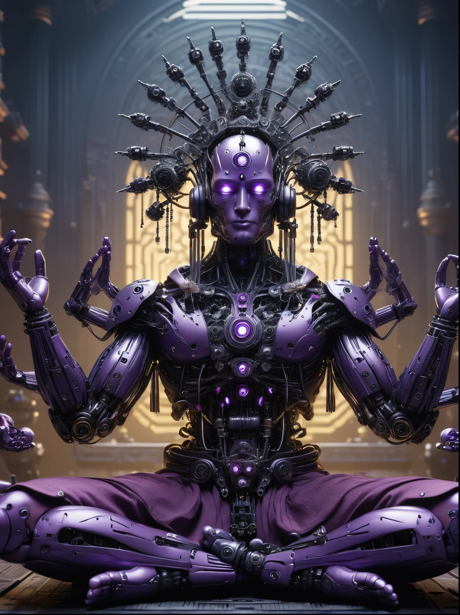 (Vision:1.3), (Full body shot:1.5), A purple cyberpunk robot monk with folded hands, multiple hands, meditating, sitting in lotus position, doing meditation pose, wearing an ornate headdress made of black metal parts, precision mechanical body, ultra-fine electronic components, temple background, surrealism, cinematic lighting, musical note hair ornament, Surrealism, blind box toy style, Futurism, Conceptual art, Luminism, god rays, symmetry, first-person view, Ultra-Wide Angle, UHD, anatomically correct, accurate, masterpiece, award winning, 8k