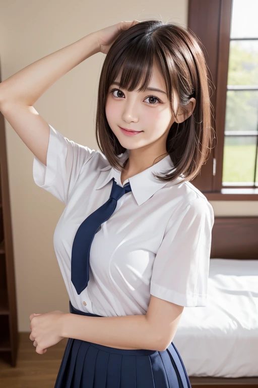 High resolution,RAW Photos,Realistic,Very delicate and beautiful,Very detailed,In detail,Very detailed CG unity 8k wallpaper,Super detailed,(highest quality, 8k, 32k, masterpiece, 超High resolution:1.2),17 year old beautiful Japanese girl in JK Uniform,Very beautiful face,Long, narrow eyes,expensive,slim,Small breasts,JK Uniform,White short sleeve shirt,Thin red tie,Upper teeth,A kind smile,Bedroom,Young Sensual Gravure Idol,Young and skinny gravure idol,A young and cute gravure idol,Young Gravure Idol,realistic Young Gravure Idol,Japanese Model,A sophisticated gravure idol,short hair,bangs、undressing、changing clothes、Navy blue pleated skirt、mini skirt、cleavage、Gravure poses for photos