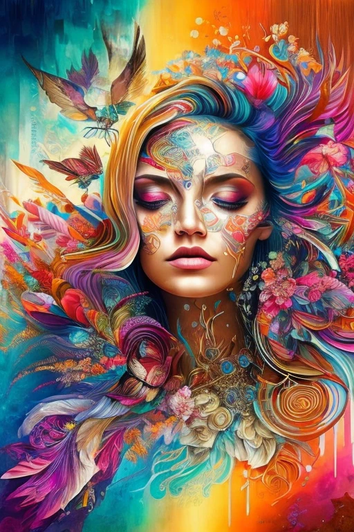 A breathtaking mixed media collage, crafted by the masterful hands of Florian Nicolle, showcases a woman in an ethereal and captivating setting. The collage, rich in texture and depth, seamlessly blends various art forms, creating a striking juxtaposition of colors, patterns, and materials. The woman, flawlessly rendered with delicate brushstrokes and intricate details, gazes introspectively, lost in her own world. A myriad of symbols and motifs adorn her person, symbolizing her strength, wisdom, and resilience. The background, a swirling vortex of colors, represents the turbulent emotions and chaotic energies that surround her