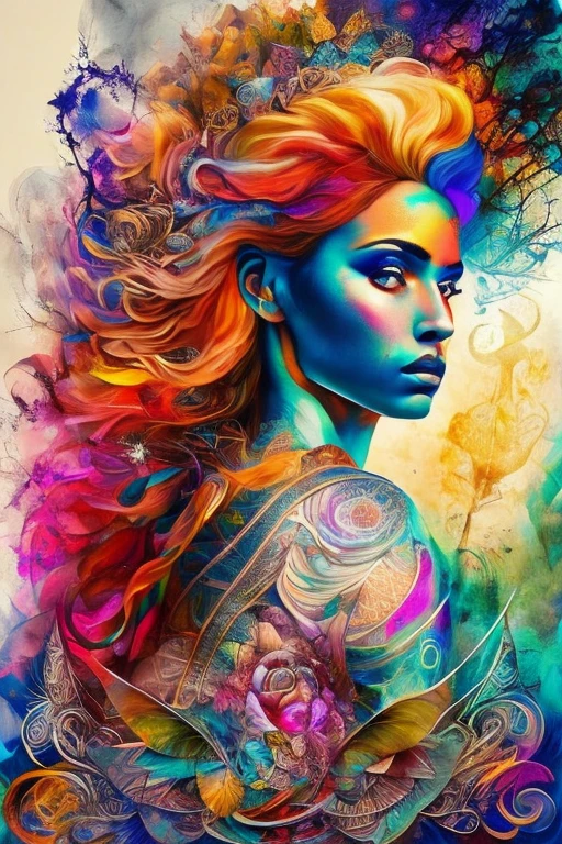 A breathtaking mixed media collage, crafted by the masterful hands of Florian Nicolle, showcases a woman in an ethereal and captivating setting. The collage, rich in texture and depth, seamlessly blends various art forms, creating a striking juxtaposition of colors, patterns, and materials. The woman, flawlessly rendered with delicate brushstrokes and intricate details, gazes introspectively, lost in her own world. A myriad of symbols and motifs adorn her person, symbolizing her strength, wisdom, and resilience. The background, a swirling vortex of colors, represents the turbulent emotions and chaotic energies that surround her