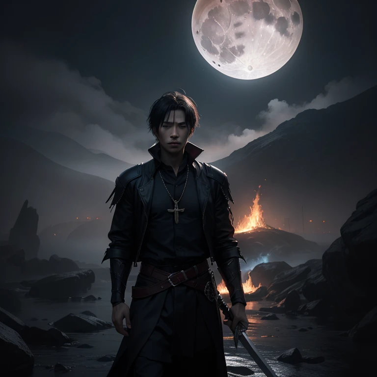 Background: Mountains shrouded in mist with a dark atmosphere, creating a mysterious and tense mood. The dim light of the full moon gives the impression of a gloomy and dangerous night. A man stands with a determined face, holding a gleaming sword under the moonlight. Additional Details: Silhouette of a village in the background, a symbol or logo of a mysterious demon hunter in the bottom corner of the cover adds an element of mystery and adventure. Dominant dark colors such as black, dark blue, and gray to create a tense atmosphere. Red accents on the demon's eyes and fire in the burning village for dramatic contrast. Title Font: Dark Hunter Using strong and sharp fonts with shadow or light effects, reflecting the strength and steadfastness of Kenji.