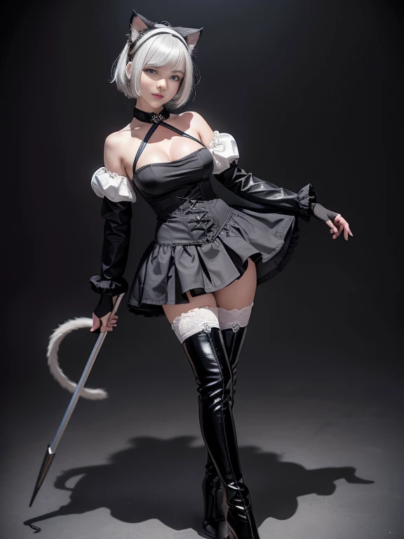 8K,最高masterpiece,One woman,Smile,30 years old,blue eyes,White Hair,Short Bob Hair,(Gothic Lolita),Dutch beauty,Ella Freya(Ella Freya),2b, short hair, Knee socks, gloves, Long sleeve, dress, Holding,Slender figure, Cleavage, Small breasts, Gray Hair, hair band, boots, Puffy sleeves, black Knee socks, Black footwear, Mole, black dress, High heels, leotard, Clothing cutouts, thigh boots, Cleavage cutout, black hair band, Juliet Sleeve, high heel boots, Feather ornament sleeves, masterpiece,Dynamic Angle,skirt lift,Panty Shot,Cat ear,Dynamic Pose