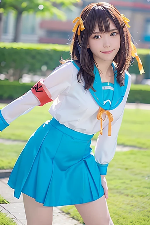 (RAW Photos:1.2), (Realistic:1.4),(masterpiece:1.3),(highest quality:1.4),超High resolution,(Fine grain),(Detailed facial features),(Detailed clothing features),High resolution,8K resolution, Focus Only, View Viewer, (bangs:1.1), dream-like, (Highly detailed illustration), One girl,cute, Innocent, (smile), (whole body) , Haruhi_srf, White long sleeve shirt with blue collar, Blue Skirt, Yellow ribbon, Are standing,ponytail、smile、