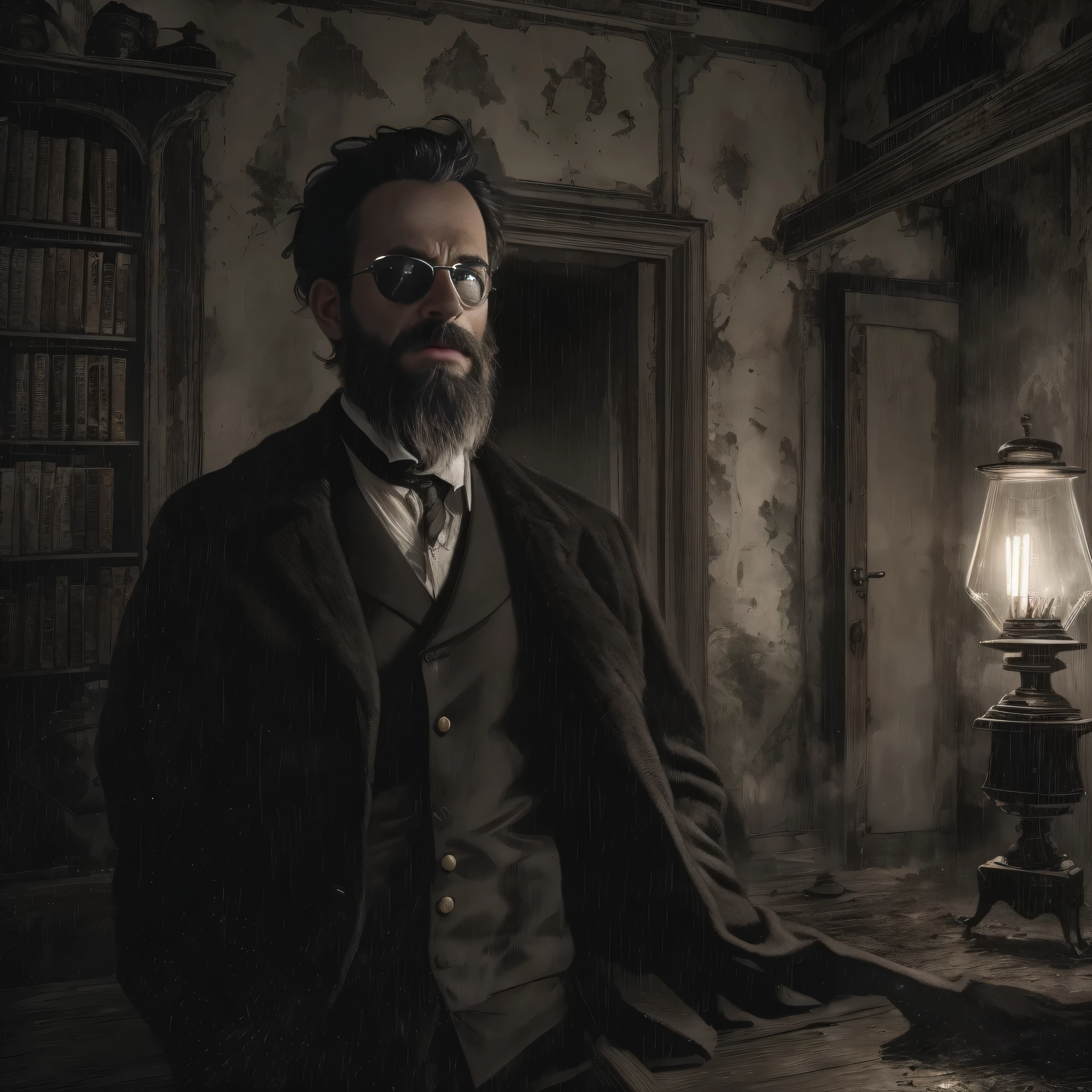 In a dark and gloomy Victorian mansion, al borde de un acantilado azotado por una tormenta, se encuentra nuestro protagonista, A 38-year-old man with a beard and sunglasses, with a look of dread on his face. The scene is illuminated only by the light of lightning coming through the tall, narrow windows., proyectando sombras inquietantes en las paredes cubiertas de retratos antiguos y desgastados.

composition:

Toma de plano medio, focusing on the protagonist&#39;s upper body. The camera captures his tension as he holds a lit torch that partially illuminates his face., revelando su barba bien cuidada y los lentes de sol que ocultan sus ojos, Adding an air of mystery. The torch also illuminates fragments of the environment: una biblioteca desordenada con libros antiguos esparcidos, heavy, torn curtains moving in the wind, and an old pendulum clock striking midnight. The sound of the storm and the creaking of wood create an atmosphere of suspense and terror.

atmosphere:

The scene is permeated with a sense of imminent danger. The storm combination, The dancing shadows and surroundings of the Victorian mansion evoke a feeling of isolation and fear. El protagonista, con su figura decidida pero claramente aterrorizada, becomes the center of this classic horror scene, facing the unknown in a place where every corner can hide a new horror.