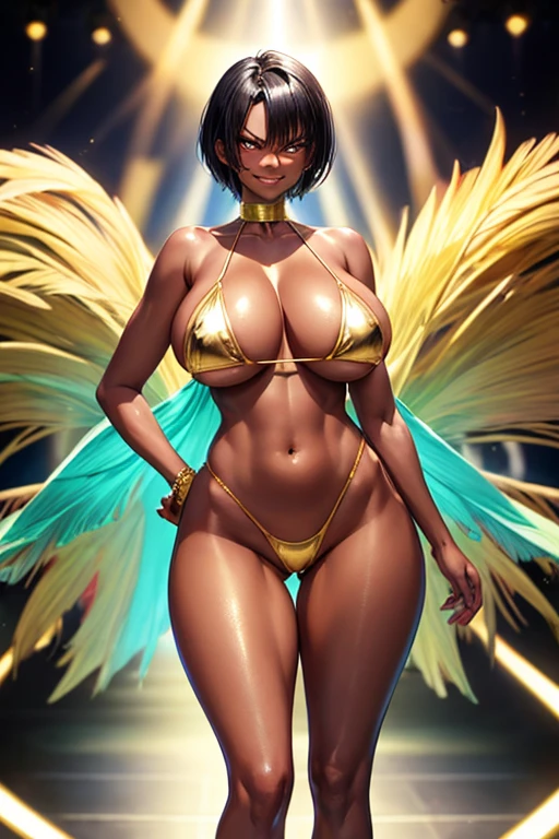 Short black hair, tall, shiny skin, glossy skin, huge breasts, fit, dark skin, very dark skin, very long legs, angry smile, cameltoe, gold micro-bikini, catwalk