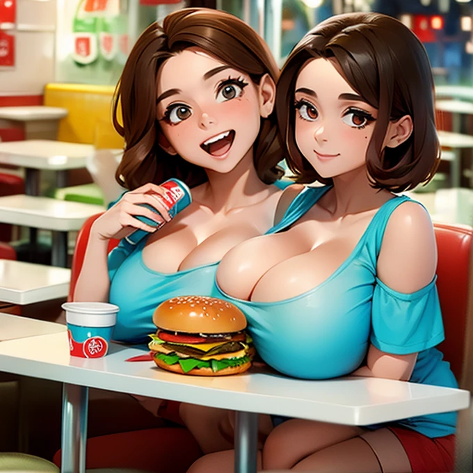 (2heads:1.3), 2heads, conjoined sisters, girl drinking soda, girl eating burger, conjoined twins, two heads, two headed conjoined twins, two heads on one body, giant boobs, cleavage, red low-cut shirt, napkin on boob, stains on shirt, sitting at fast-food restaurant table, sitting in booth, right hand holding a soda while the left hand holds a burger, !!one torso with two heads!!,