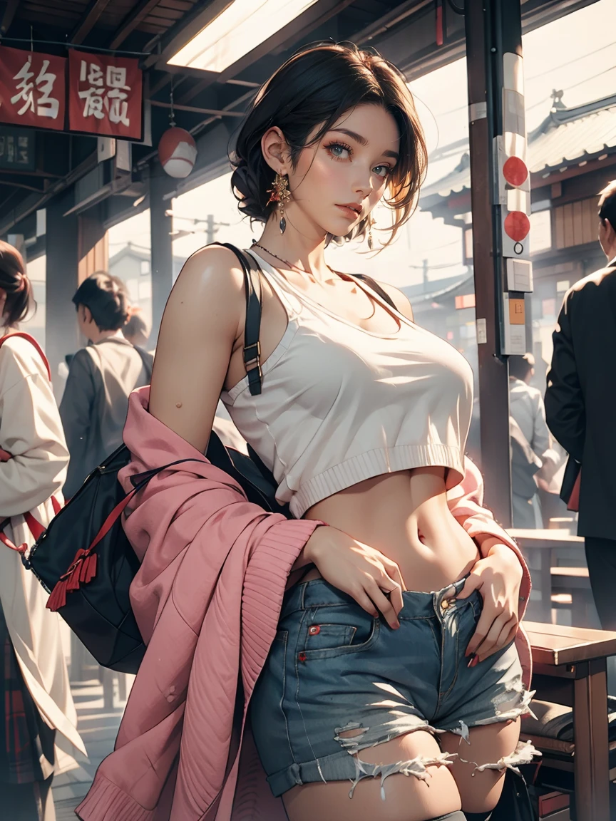 (8K, RAW photos, best quality, masterpiece:1.2), (realistic, photo-realistic:1.37)、26 year old Japanese woman、hair is gray、Eye color is dark blue、Short hair、venus body、My chest sticks out、huge breasts, Exploding breasts, Sagging breasts due to gravity, Wear accessories on your ankles. She is wearing a tank top and a see-through cardigan., short jeans、I can see your belly button、black stockings that reach to the knees, very old fashioned, standing at tokyo train station. Looking back, Skin that shines under clear sunlight,