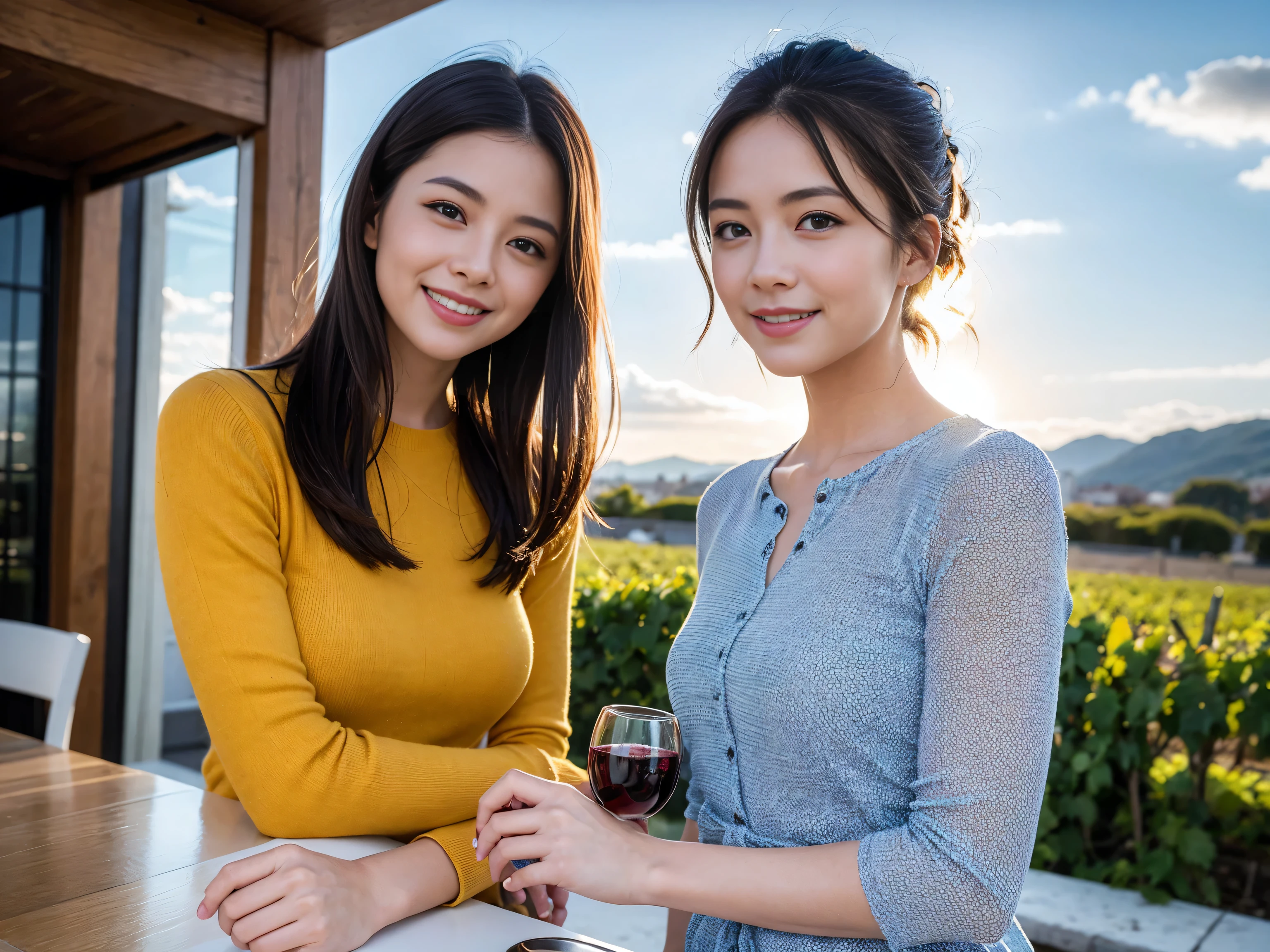 ((highest quality、8k、masterpiece:1.3))、1 male、1 woman who resembles Satomi Ishihara、Couple、Spouse、Couple、The body is slim、((Bob Hale、Straight hair:1.2)), (Realistic, Intricate details:1.2), Wine glass on the table、Put the light on your face、 Amazing view of the sunset sky and clouds、Amazing mountain views、A bright smile、The wonderfulness of smile、Bright image、The beauty of wine, Beautiful Face, blue eyes, The light shines on your face, Blushing, short hair,Bright Face、 (Age 37), 39 years old, red wine 、Appetizers、Italian food、Wine bottle、Champagne、sparkling wine、Two beauties、Brown Hair、Shortcuts、Long sleeve shirt、dress、Pretty Woman 1, (Slim face), (The body is slim), (Brown Hair), (Shortcuts), cheeks turn a little red,Attractive beauty、restaurant, In a prominent place (From the waist up) Nova Frog Style, actress, model, Upper Body, White wine, slim, wine glass, A wine glass placed in the center, smile, (smile: 1.15), Beautiful fine grain, Depth f/2,saturation, High Contrast, Strong light and shadow,Moist Body:1.5、3D texture、Delicate eyes、Brown Hair、The hair is very shiny、