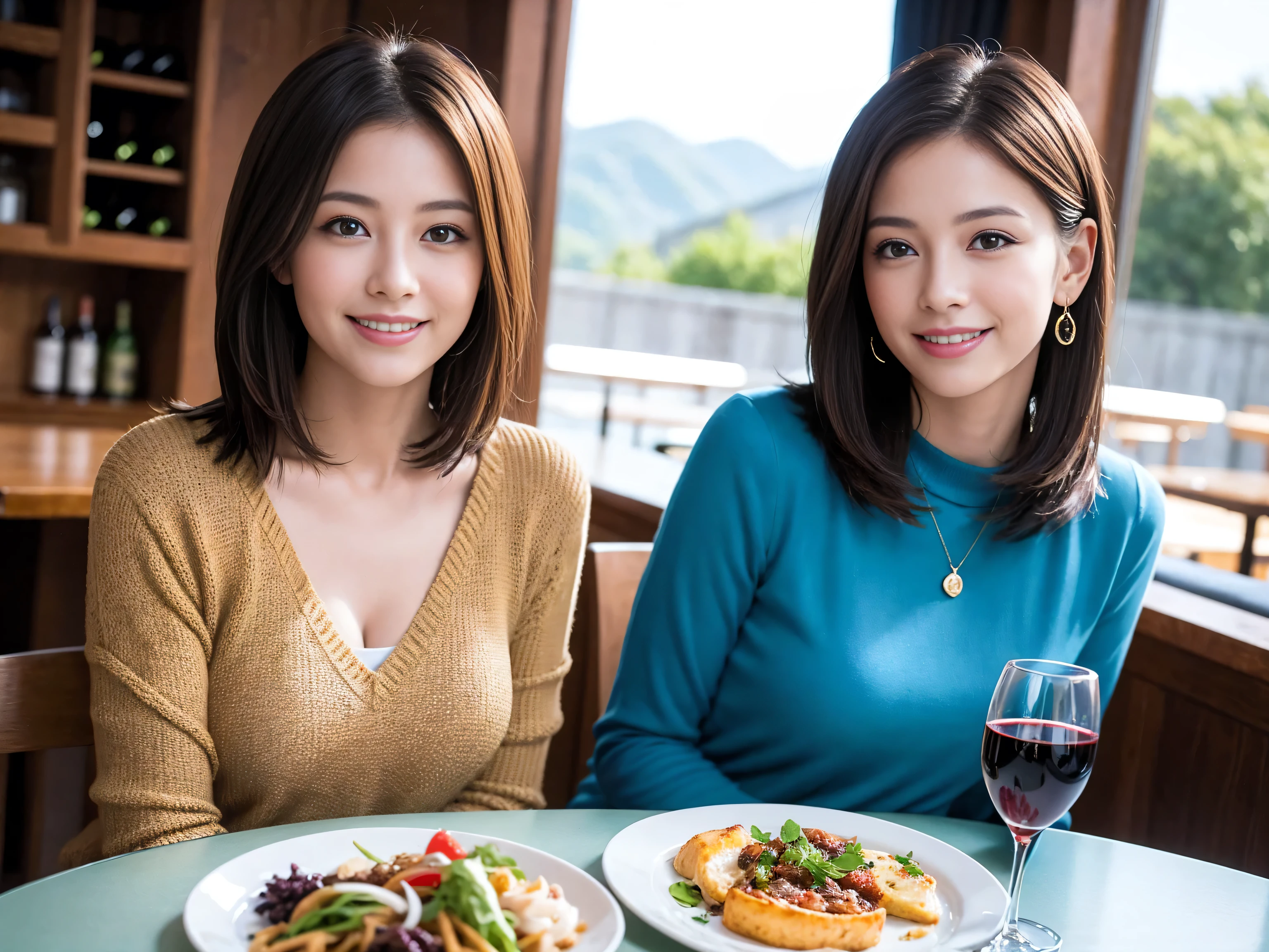 ((highest quality、8k、masterpiece:1.3))、1 male、1 woman who resembles Satomi Ishihara、Couple、Spouse、Couple、The body is slim、((Bob Hale、Straight hair:1.2)), (Realistic, Intricate details:1.2), Wine glass on the table、Put the light on your face、 Amazing view of the sunset sky and clouds、Amazing mountain views、A bright smile、The wonderfulness of smile、Bright image、The beauty of wine, Beautiful Face, blue eyes, The light shines on your face, Blushing, short hair,Bright Face、 (Age 37), 39 years old, red wine 、Appetizers、Italian food、Wine bottle、Champagne、sparkling wine、Two beauties、Brown Hair、Shortcuts、Long sleeve shirt、dress、Pretty Woman 1, (Slim face), (The body is slim), (Brown Hair), (Shortcuts), cheeks turn a little red,Attractive beauty、restaurant, In a prominent place (From the waist up) Nova Frog Style, actress, model, Upper Body, White wine, slim, wine glass, A wine glass placed in the center, smile, (smile: 1.15), Beautiful fine grain, Depth f/2,saturation, High Contrast, Strong light and shadow,Moist Body:1.5、3D texture、Delicate eyes、Brown Hair、The hair is very shiny、