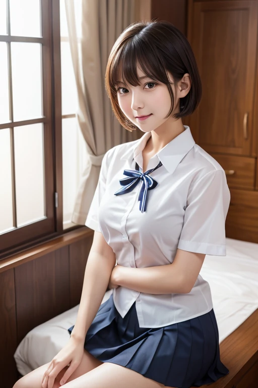 High resolution,RAW Photos,Realistic,Very delicate and beautiful,Very detailed,In detail,Very detailed CG unity 8k wallpaper,Super detailed,(highest quality, 8k, 32k, masterpiece, 超High resolution:1.2),17 year old beautiful Japanese girl in JK Uniform,Very beautiful face,Long, narrow eyes,expensive,slim,Small breasts,JK Uniform,White short sleeve shirt,Thin red tie,Upper teeth,A kind smile,Bedroom,Young Sensual Gravure Idol,Young and skinny gravure idol,A young and cute gravure idol,Young Gravure Idol,realistic Young Gravure Idol,Japanese Model,A sophisticated gravure idol,short hair,bangs、undressing、changing clothes、Navy blue pleated skirt、mini skirt、cleavage、Gravure poses for photos、Sitting with your knees